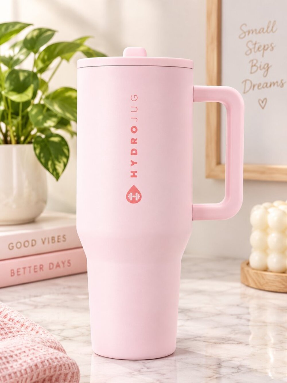 HydroJug Traveler 40oz, Insulated Tumbler with Handle & Straw, Pink Sand